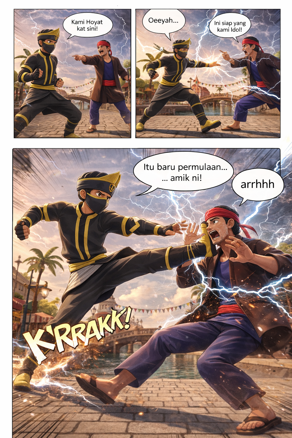 Contoh panel komik aksi dijana AI